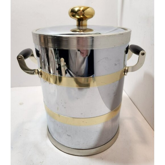 Vintage Kraftware Two-Toned Chrome & Brass Ice Bucket w/Insulated Plastic Lining - Picture 5 of 14